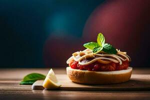 a sandwich with tomato sauce and cheese on a wooden table. AI-Generated photo