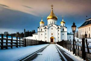 un blanco Iglesia con dorado domos en el nieve. generado por ai foto