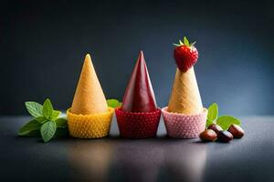 three ice cream cones with strawberries and mint leaves. AI-Generated photo