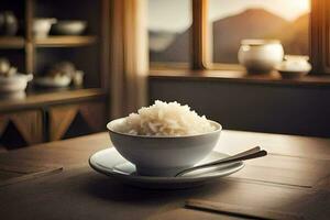 rice in a bowl on a table. AI-Generated photo