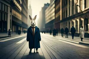 a rabbit in a suit and tie stands in the middle of a city street. AI-Generated photo