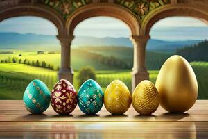 easter eggs in front of an archway. AI-Generated photo