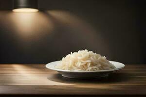 rice in a white bowl on a wooden table. AI-Generated photo