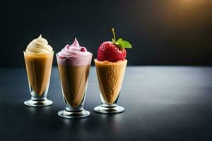 Tres hielo crema helados con fresas y azotado crema. generado por ai foto