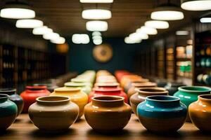 a row of colorful vases on a wooden table. AI-Generated photo