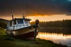 a boat sits on the shore at sunset. AI-Generated photo