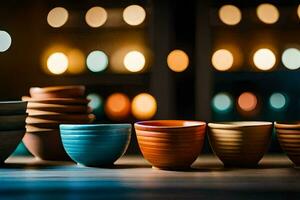 a row of colorful bowls on a table. AI-Generated photo