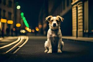 a dog sitting on the street at night. AI-Generated photo