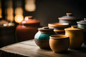 a group of colorful ceramic pots on a table. AI-Generated photo