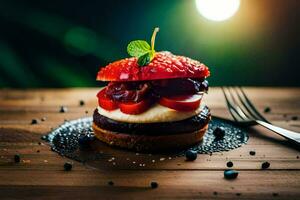 a strawberry cheesecake on a wooden table. AI-Generated photo