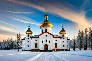 a white church with gold domes in the snow. AI-Generated photo