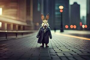 a rabbit wearing a suit and tie standing on a street. AI-Generated photo