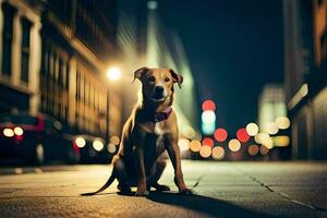 a dog sitting on the street at night. AI-Generated photo