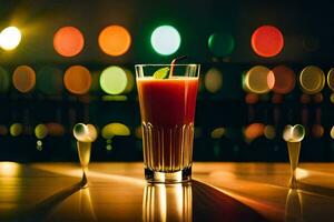 un vaso de rojo líquido sentado en un mesa en frente de un bar. generado por ai foto