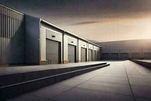 a large warehouse with a large garage door. AI-Generated photo