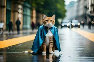 a cat dressed as a superhero in the rain. AI-Generated photo