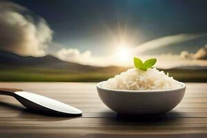 the rice is served with a spoon and a bowl on a wooden table. AI-Generated photo