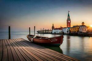 barco en muelle a puesta de sol con edificios en antecedentes. generado por ai foto