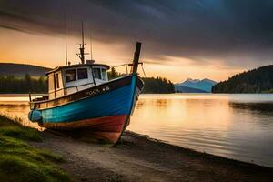 a boat sits on the shore at sunset. AI-Generated photo