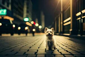 a small white dog is standing on a brick road at night. AI-Generated photo