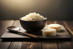 rice in a bowl and wooden spoon on a wooden table. AI-Generated photo