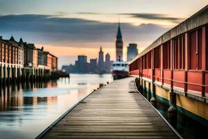 un muelle con un rojo edificio en el antecedentes. generado por ai foto