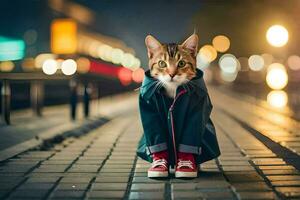 a cat in a coat and red shoes sitting on the sidewalk. AI-Generated photo