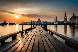 a pier in the middle of a lake with a city in the background. AI-Generated photo