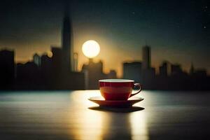 a cup of coffee on a table in front of a city skyline. AI-Generated photo