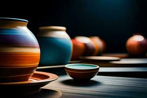 colorful vases and bowls sit on a table. AI-Generated photo