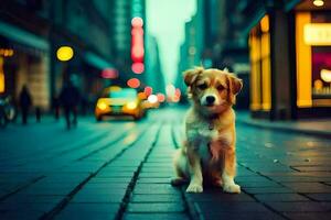 un perro sentado en el calle en un ciudad. generado por ai foto