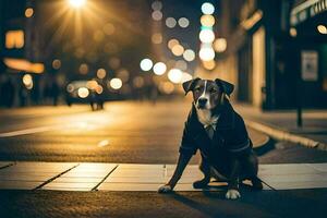 a dog sitting on the street at night. AI-Generated photo