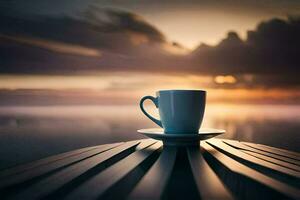 café taza en el mesa, amanecer, el mar, el cielo, el océano, el. generado por ai foto