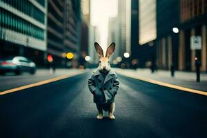 a rabbit wearing a coat and tie standing in the middle of a city street. AI-Generated photo