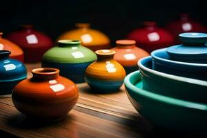 colorful ceramic bowls and vases on a table. AI-Generated photo