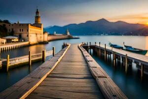 un de madera muelle Guías a un lago y montañas a puesta de sol. generado por ai foto