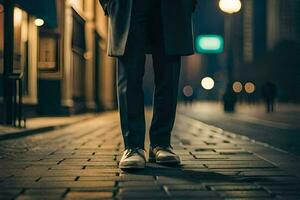 un hombre en un traje en pie en un calle a noche. generado por ai foto