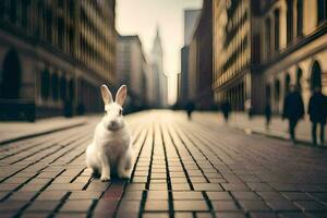 a white rabbit is sitting on the street in a city. AI-Generated photo