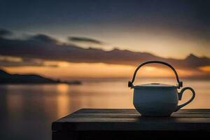 a tea pot sits on a wooden table overlooking the ocean. AI-Generated photo