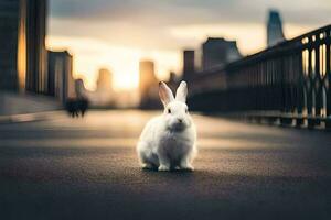 a white rabbit is sitting on the ground in front of a city skyline. AI-Generated photo