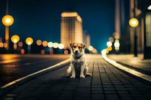 a dog sitting on the street at night. AI-Generated photo