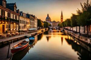 a canal in the middle of a city with buildings and boats. AI-Generated photo