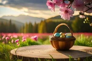 easter eggs in a basket on a tree stump. AI-Generated photo