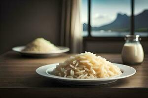 un plato de arroz y Leche en un mesa. generado por ai foto