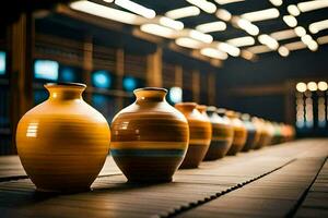 a row of vases lined up on a wooden table. AI-Generated photo