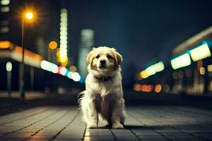 a dog sitting on the street at night. AI-Generated photo