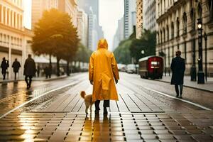 a person in a yellow raincoat walking down a street with a dog. AI-Generated photo