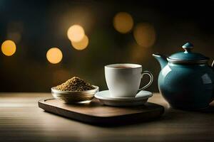 a cup of coffee and a teapot on a wooden table. AI-Generated photo