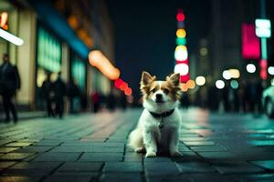 a dog sitting on the sidewalk at night. AI-Generated photo