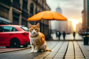 an orange cat sitting on the ground in front of a red car. AI-Generated photo